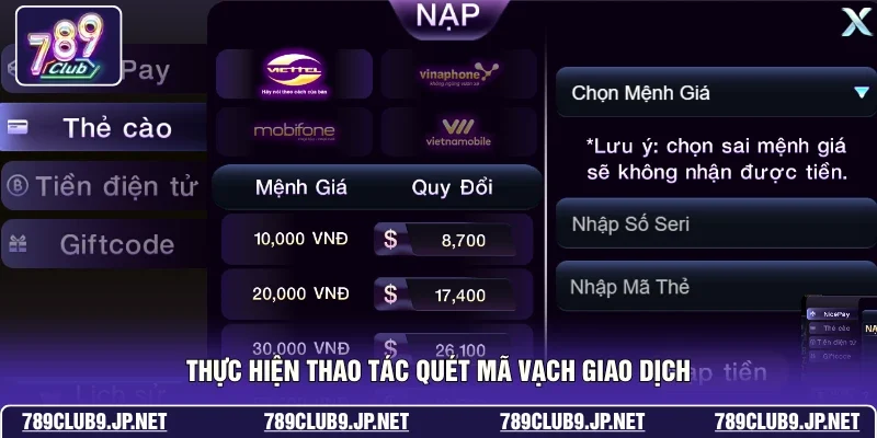 Thực hiện thao tác quét mã vạch giao dịch